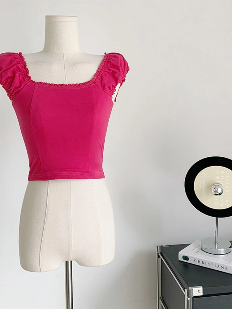 

Женские винтажные футболки без рукавов, простые эластичные укороченные топы с квадратным вырезом, однотонные удобные футболки Gyaru в Корейс...