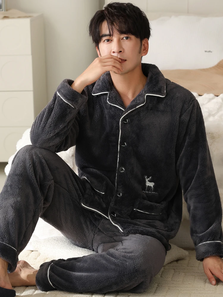 Langsha Пижамы мужские осенне-зимние фланелевые утолщенные теплые можно носить на