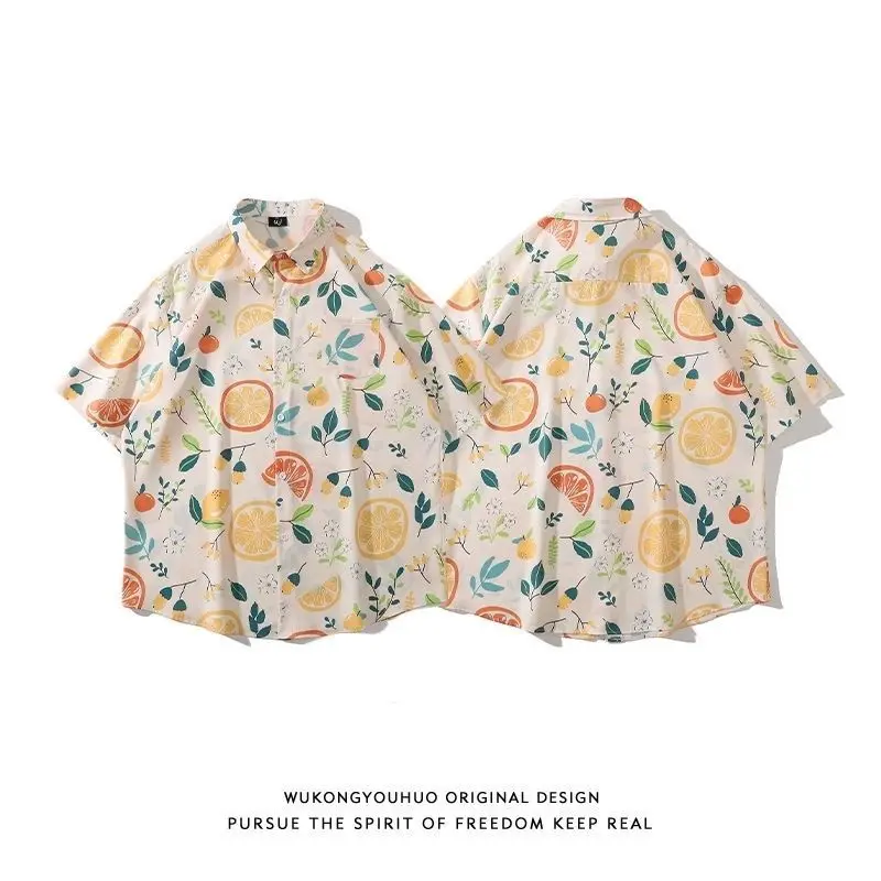 Summer Fashion Hawaiian Wind Lemon Leaf Print Short Sleeve Shirt Men'S Brand Loose Casual Floral Shirt Men'S Short Sleeve A3402
