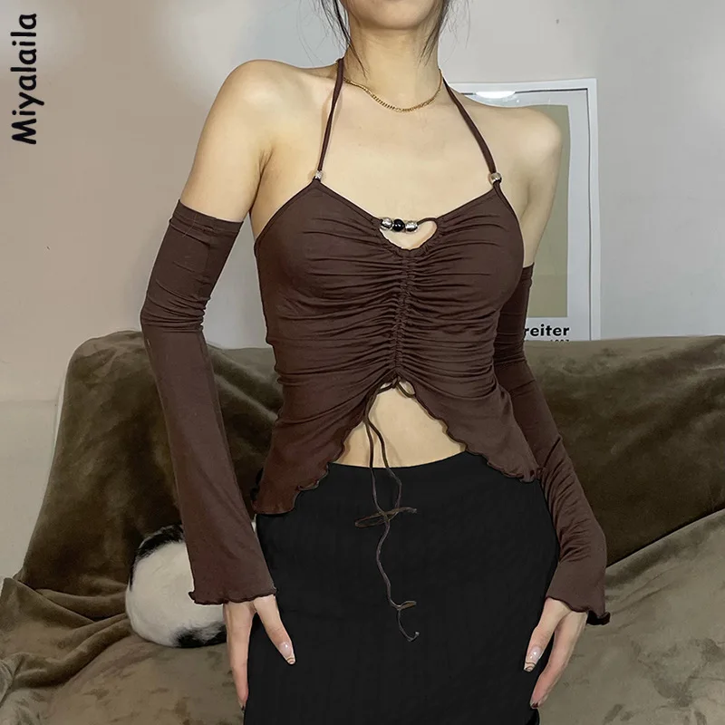 

Miyalaila Sexy Hollow Out Camisole Top Slim Halter Spaghetti Strap Crop Top with Gloves Women Ruffle Pleated Drawstring Tank Top