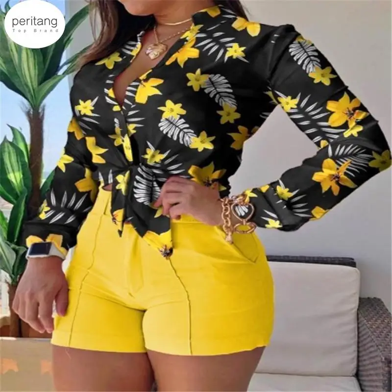 

Комплект из двух предметов, Женский комплект с шортами с высокой талией, женская рубашка с воротником-стойкой и длинным рукавом, женский лет...