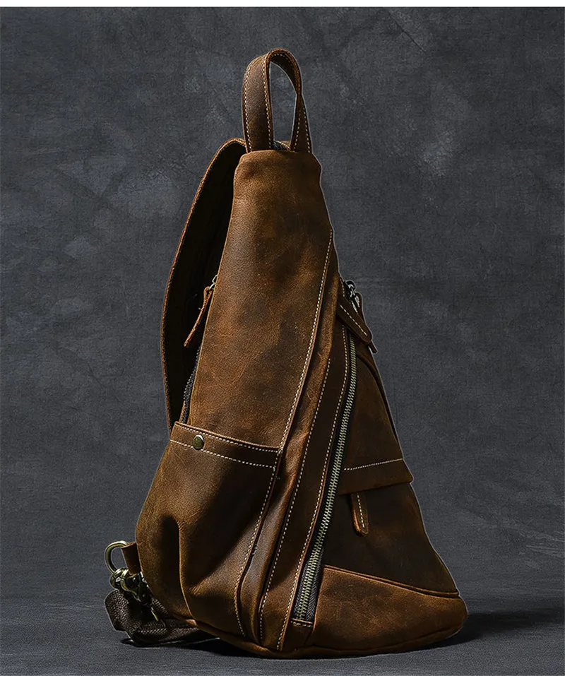 Vintage large-capacity multifunctional crazy horse cowhide men's chest bag casual design natural genuine leather crossbody bags