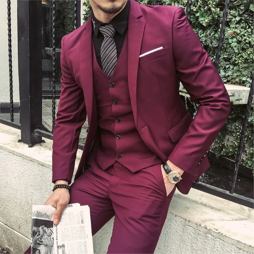 

Tailored Burgundy Purple Suit Men Groom Slim Fit 3 Piece Tuxedo Prom Wedding Suits Blazer Terno Masuclino Jacket+Pant+Vest