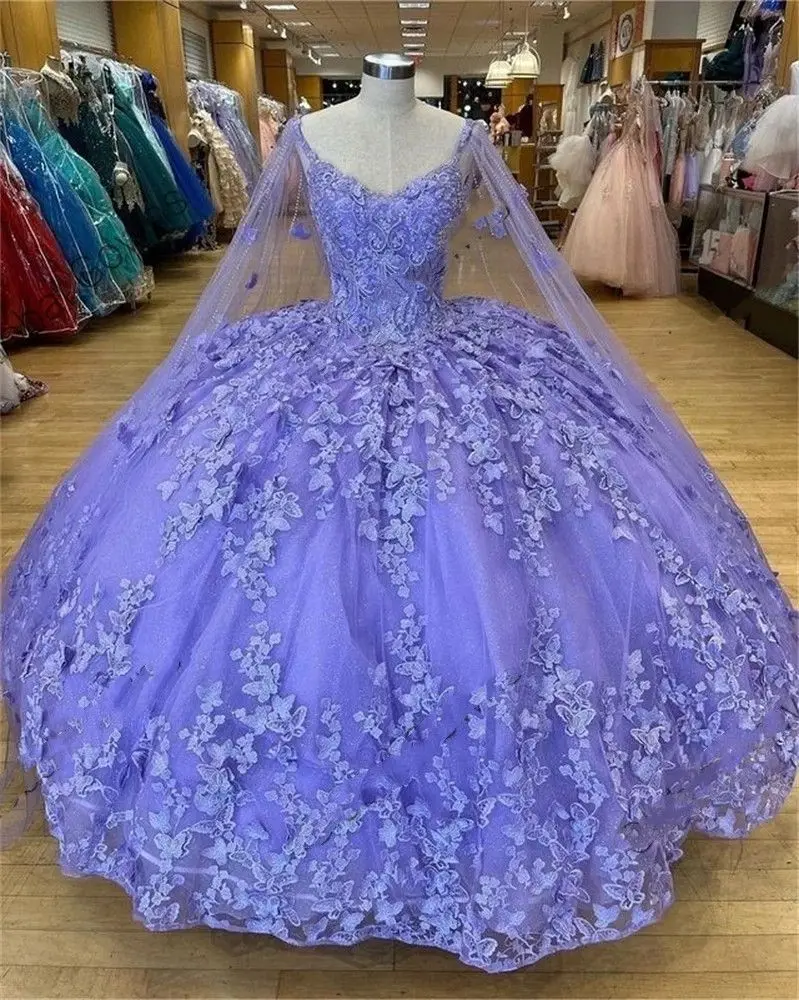 

Lorencia 2023 Purple Sweetheart Ball Gown Quinceanera Dress Beaded With Cape Appliques Girl Sweet 16 Vestidos De XV Anos YQD383