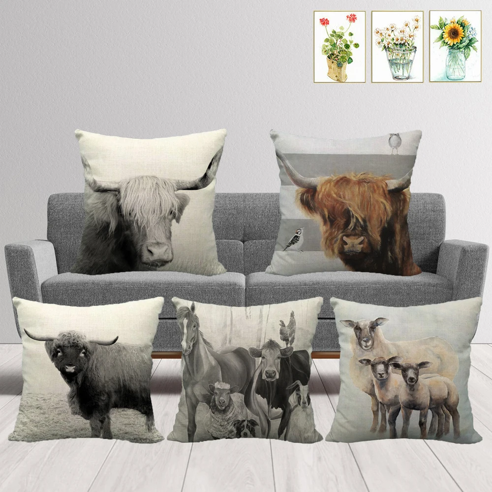

Декоративная наволочка для подушки в фермерском стиле, наволочка для подушки с принтом овец, высоких гор, коров, наволочка для подушки для к...