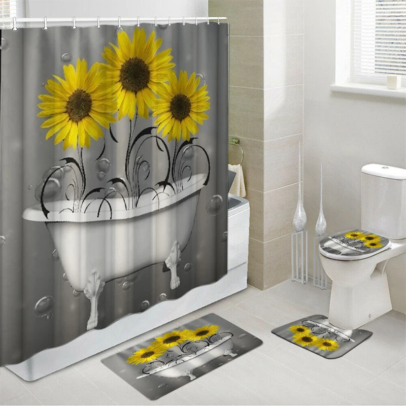 

Комплект водонепроницаемых штор для душа Sunflower, домашний декор, 12 крючков, чехлы для туалета, коврик для ванной, нескользящий, полиэстер, мою...