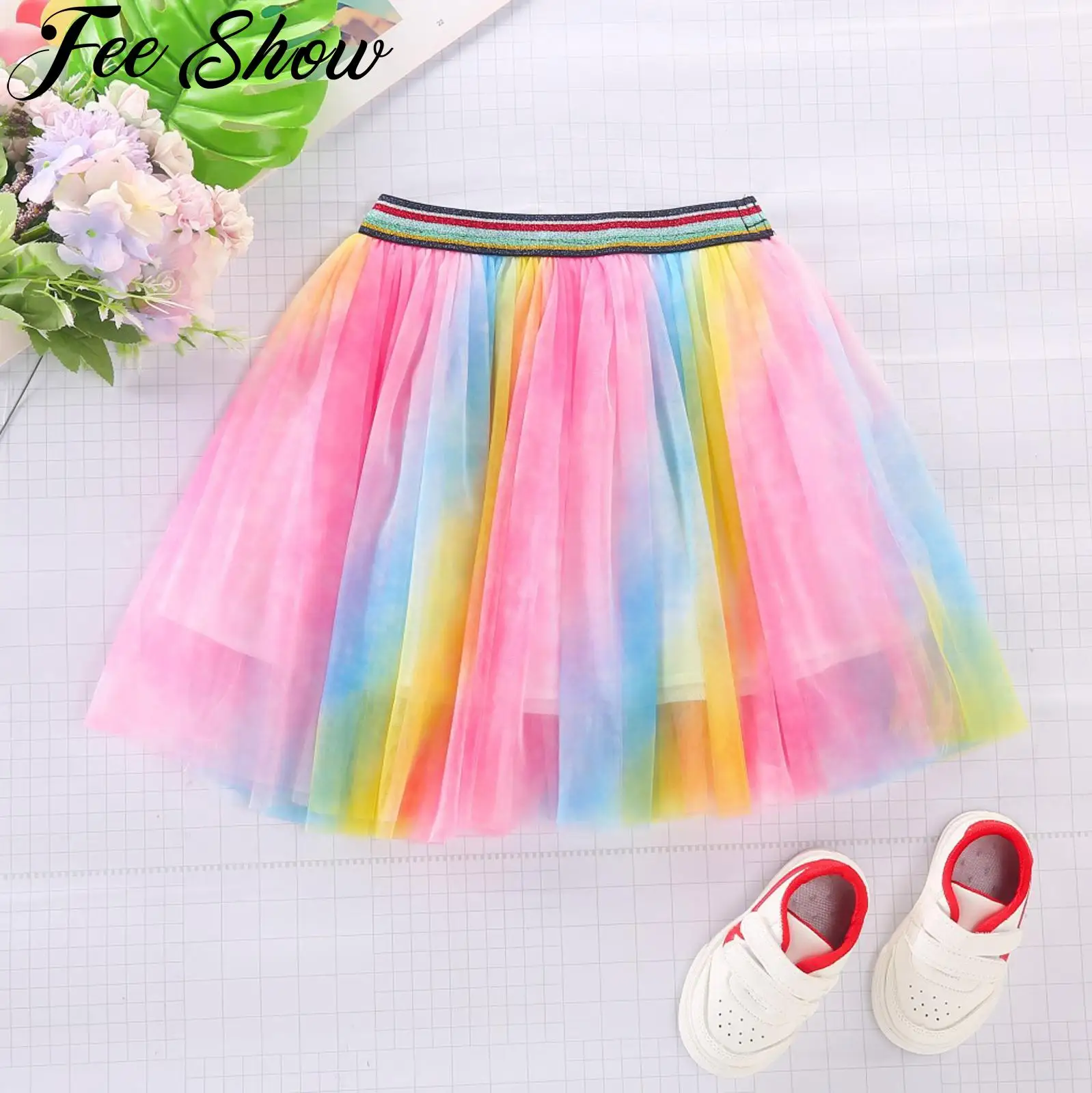 

New Children's Rainbow Skirts School Girl Mesh Tutu Birthday Princess Party Show Dance Skirt Gauze Mid-Waist Ball Gown Faldas