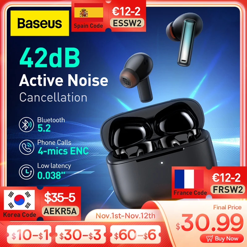 Ceny Baseus ANC Słuchawki Bowie M2 Słuchawki Bezprzewodowe Bluetooth 5.2 Z 42dB Aktywna Redukcja Szumów 4-mic ENC Prawdziwe Bezprzewodowe Douszne