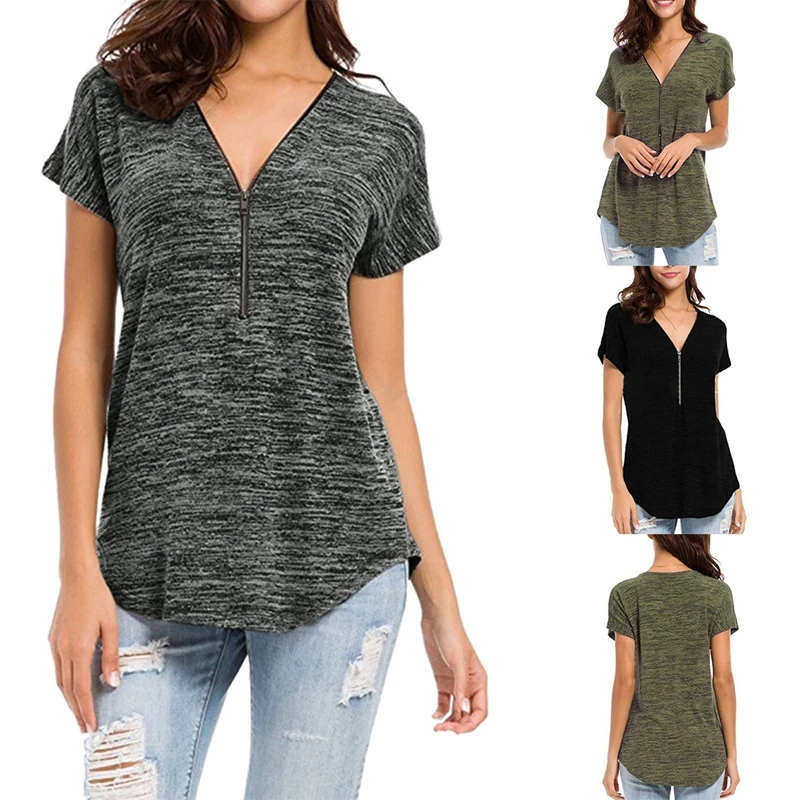 

Women's Solid Color Zipper Loose V-Neck Tops