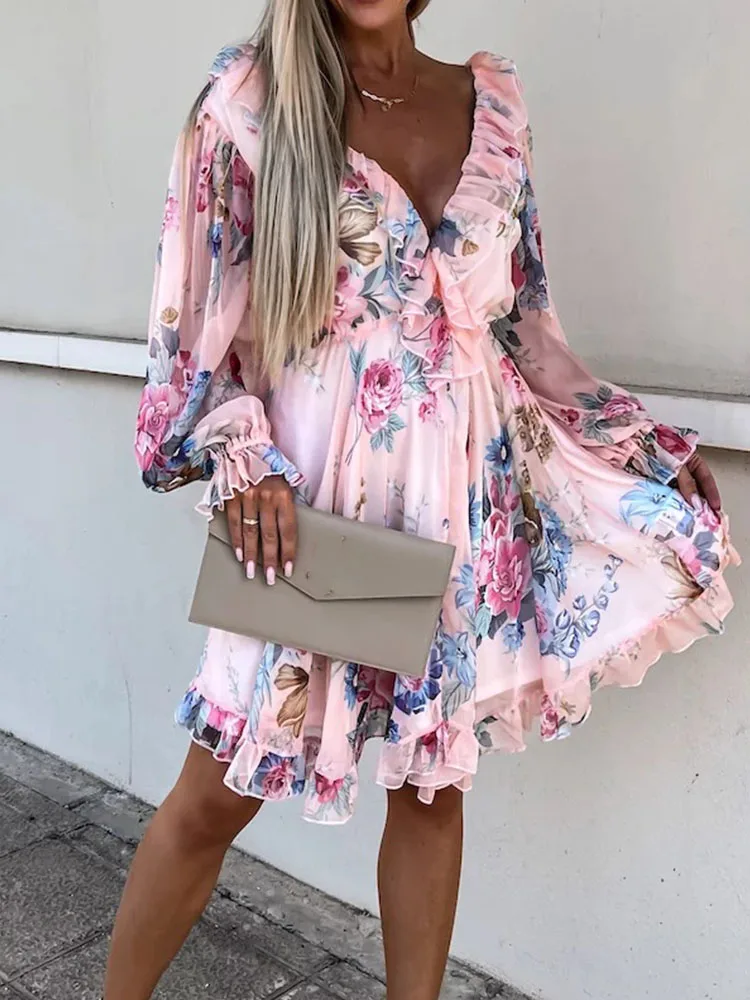

Spring Double V Neck Backless Boho Mini Dress Women Floral Print Ruffle Chiffon Dress Summer Butterfly Sleeve Tunic Office Dress
