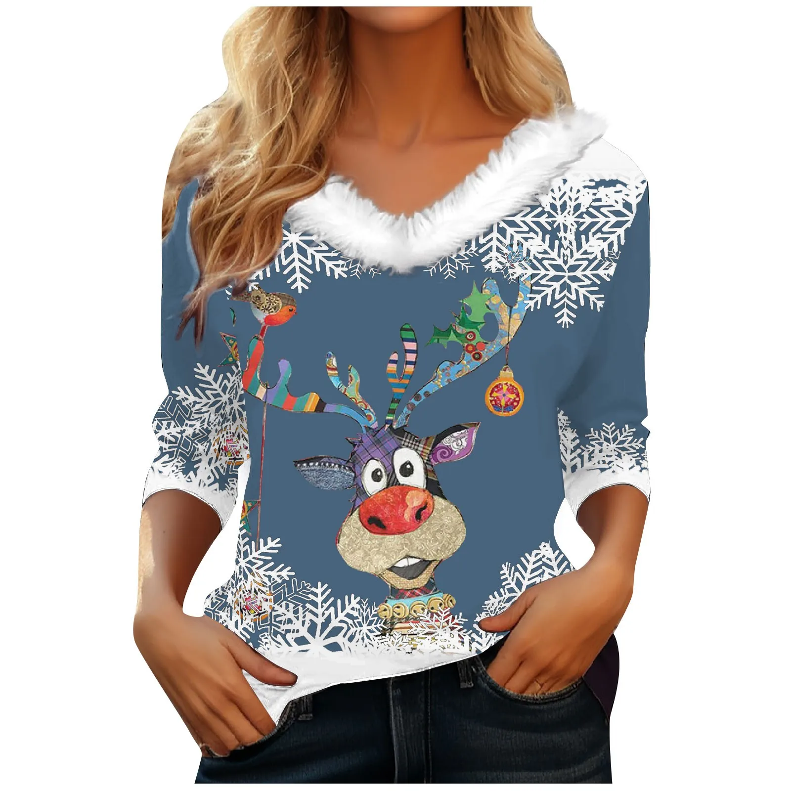 

Women's T-shirt 2023 New Y2k Patchwork Shirt New Christmas Print 3/4 Sleeve Tees Fashion Daily Tops Fashion V-neck Pullovers