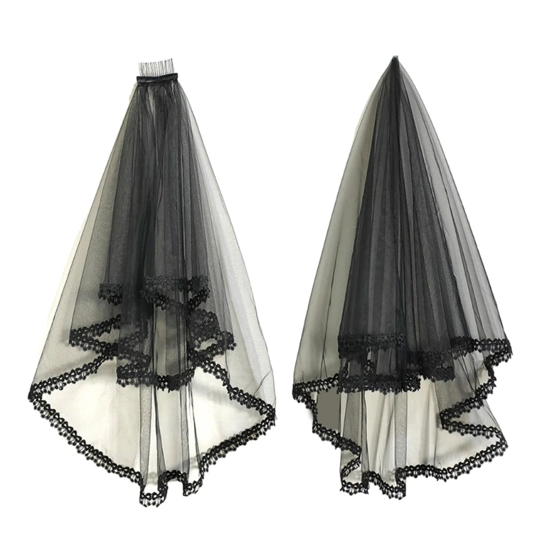 

Dark Punk Bride Veil with Lace Floral Trim Tulle Halloween Party Veil for Bride Wholesale