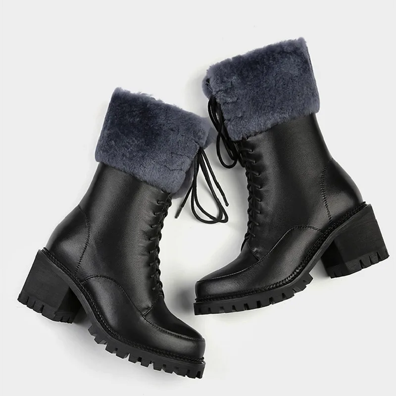 2023 Women Fashion PU Leather Lace Keep Warm Motorcycle Boots Winter Women's Shoes Ladies Casual Comfort Flats Boots Size 34-39