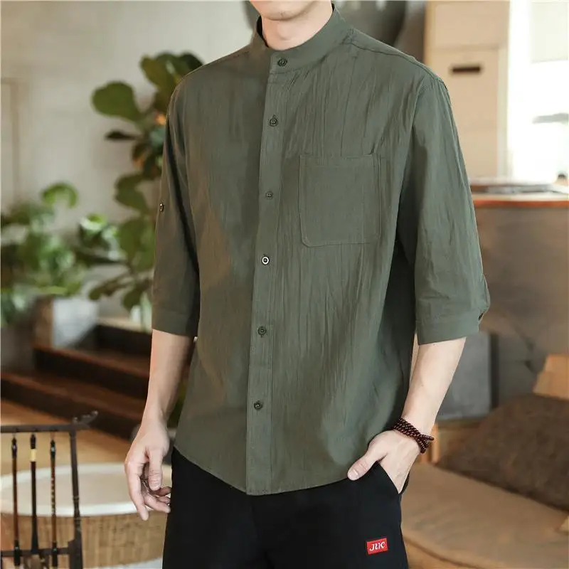 Men's Casual Blouse Cotton Linen Shirt Loose Tops Breathable Tee Shirt Spring Summer Solid Handsome Men Shirts Husband 5XL E64