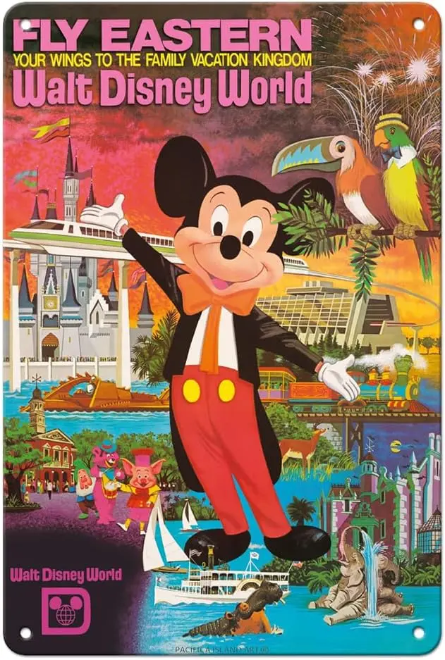 Pcfc slnd rt Wlt Dsney World - Fly Estern r Lnes Orlndo Flord Vntge rlne Trv Плакат c.1980-8 x 12 nch Metl Tn Sgn