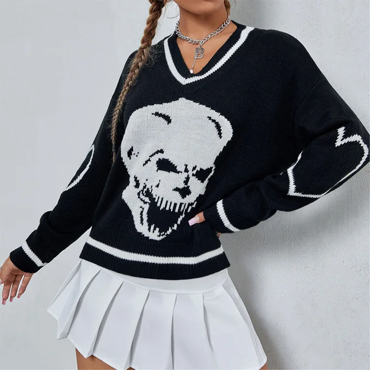 

Hip Hop Skulls Autumn and Winter Men's Sweater Streetwear Skeleton Printed Pullover Couples Cotton Pullover Top Oversized V-Neck