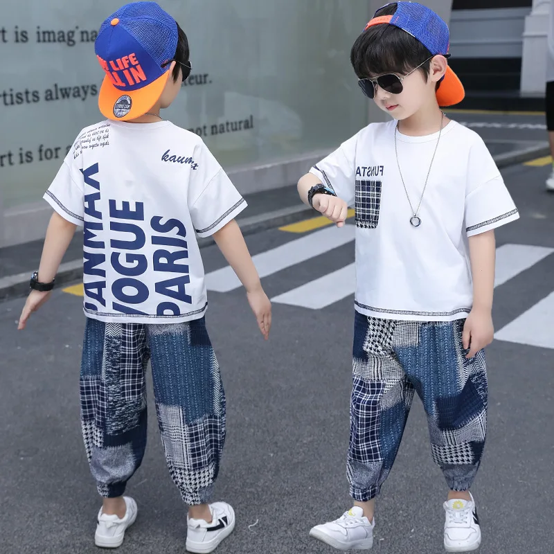 Children Boys Clothes Sets Summer Outfits Fashion Letter Print T-shirt and  Medium Mosquito Proof Pants 4 To 14 Years Kids Suits