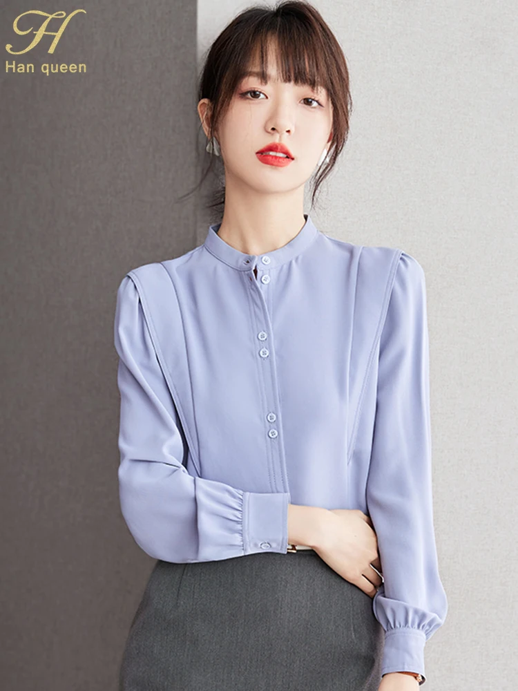 

H Han Queen 2023 Autumn Korean Basic Simple Blouses Loose Chic Single-Breasted Blouse Work Casual Tops Women's Vintage Shirt