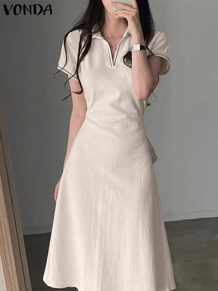 

VONDA женское платье 2023 летнее элегантное строгое однотонное повседневное свободное модное платье с коротким рукавом с отворотом женское платье
