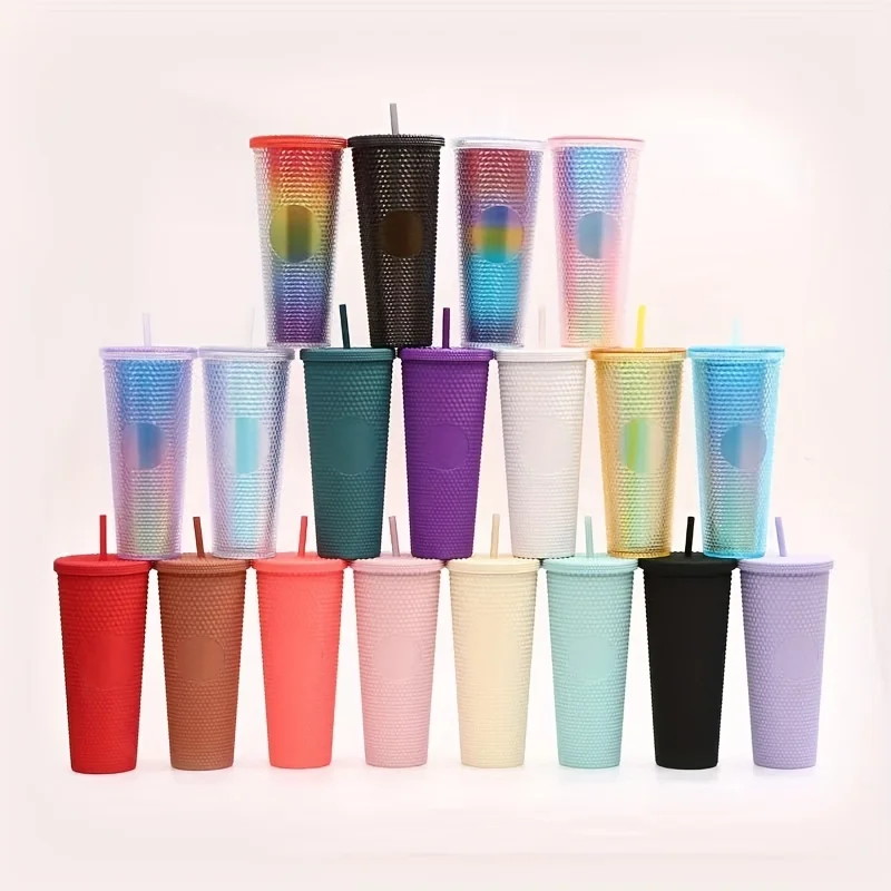 

750ml 25.36oz Double Layer Coffee Cup with Lid with Straw with Logo Durian Cup Diamond Tie Cup Cold Drink Cup Wholesale