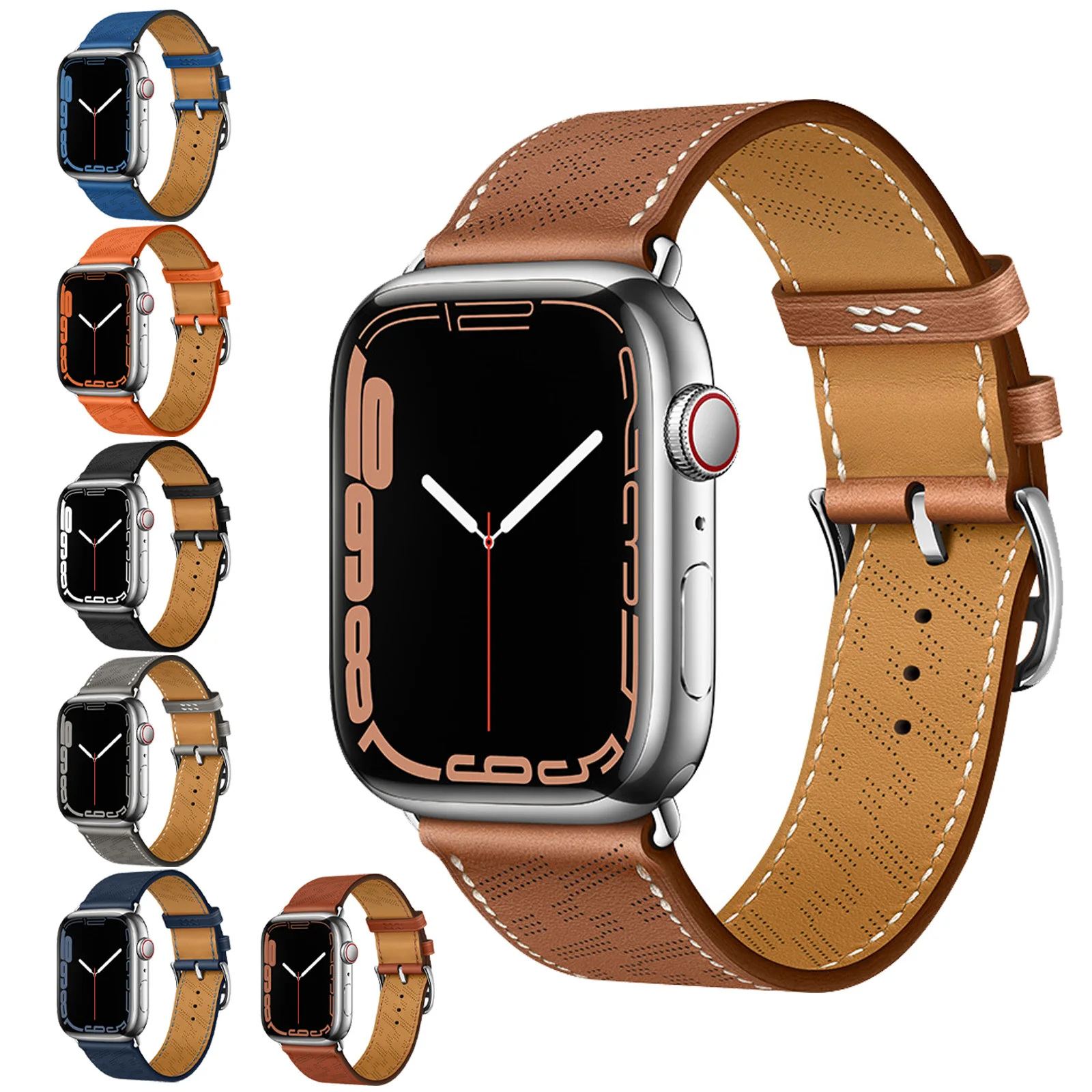 For Apple Watch Leather Band 45 44 41 40 42 38mm Smartwatch Breathable Wristband Replacement Strap for Iwatch Series 8 7 6 5 SE