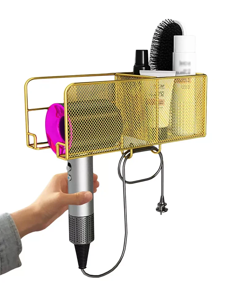 

Bathroom Metal Hair Dryer Holder, Bathroom Tray Stand Storage, Bathroom Hair Tool Organizer, Easy to Install, Gold