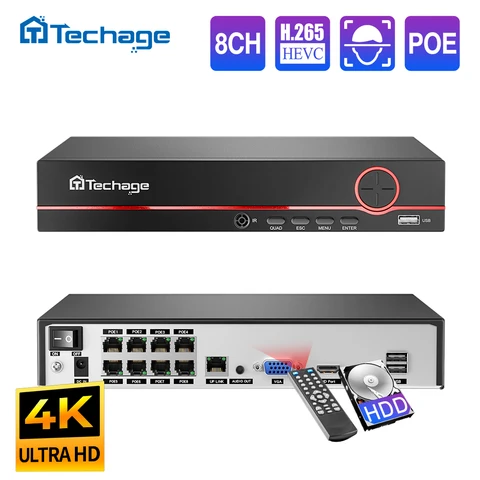 Сетевой видеорегистратор Techage H.265, 8 каналов, POE, 4K, 8 Мп, 5 МП, 4 МП, 1080P, Power over Ethernet, IP сетевой видеорегистратор, двустороннее аудио, распознавание лиц/людей, протокол Onvif, P2P