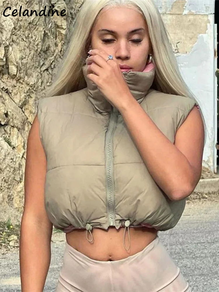 

Зимний теплый жилет Celandine, женские повседневные парки без рукавов, куртка, осенняя мода, на молнии, с воротником-стойкой, пуховые жилеты, паль...