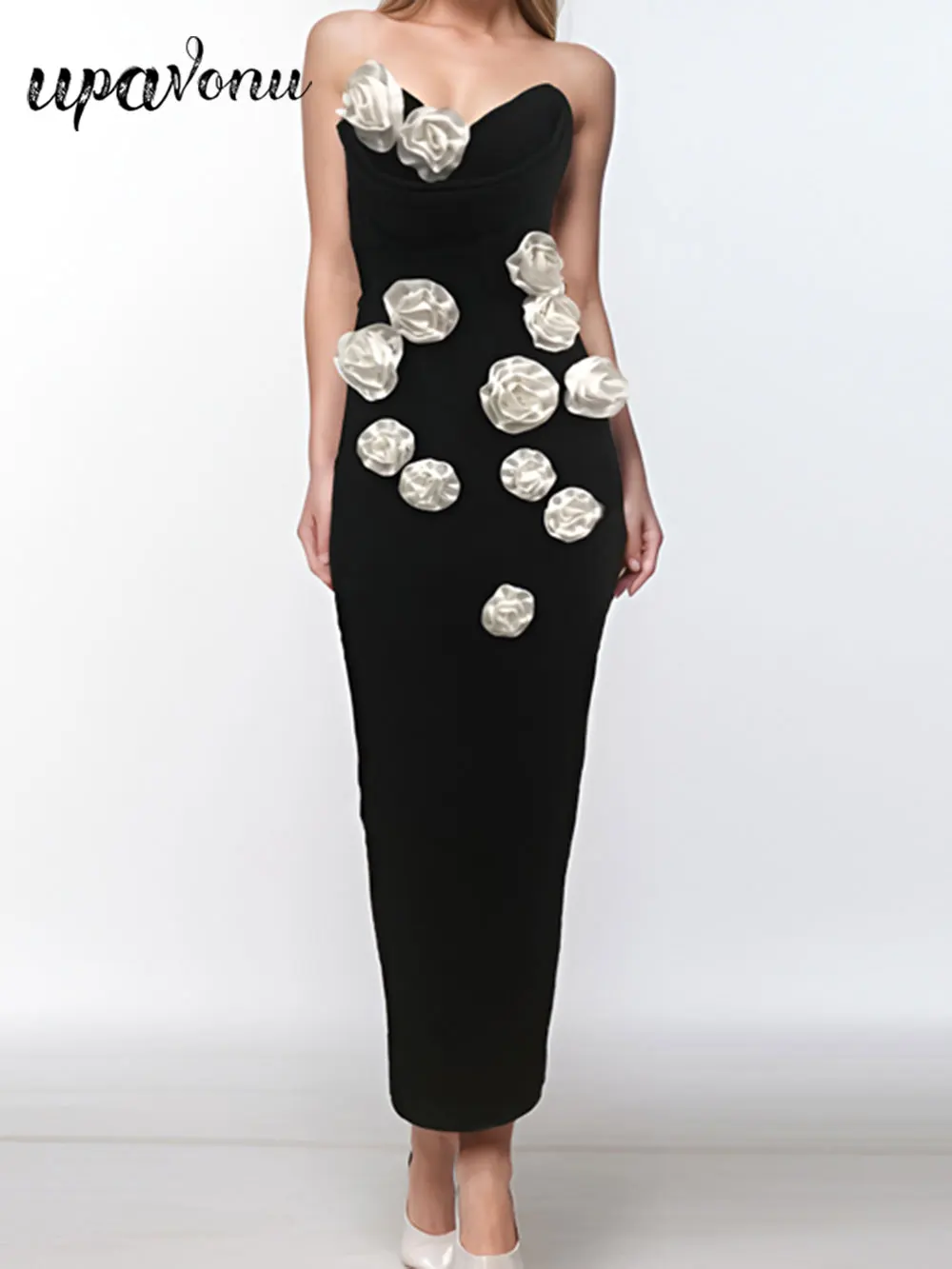 Женское вечернее платье без бретелек облегающее длинное с цветочным 3D принтом и