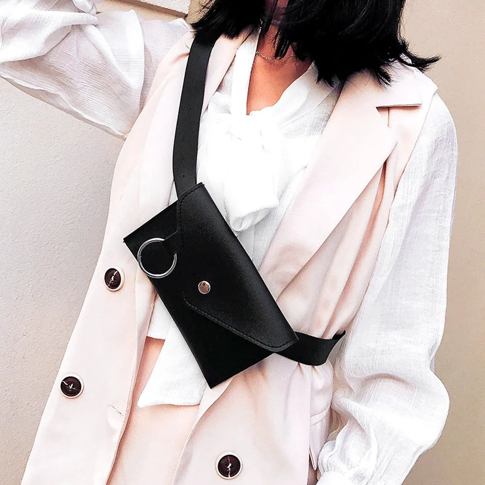 

New Fashion Women's Shoulder Crossbody Bag Pure Color Ring PU Messenger Chest Fanny Pack Lady Belt Bag Leather Waist Bag