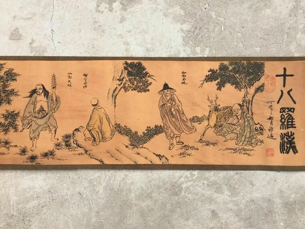 

China Old Chinese painting scroll "Eighteen Arhats" painting long scroll