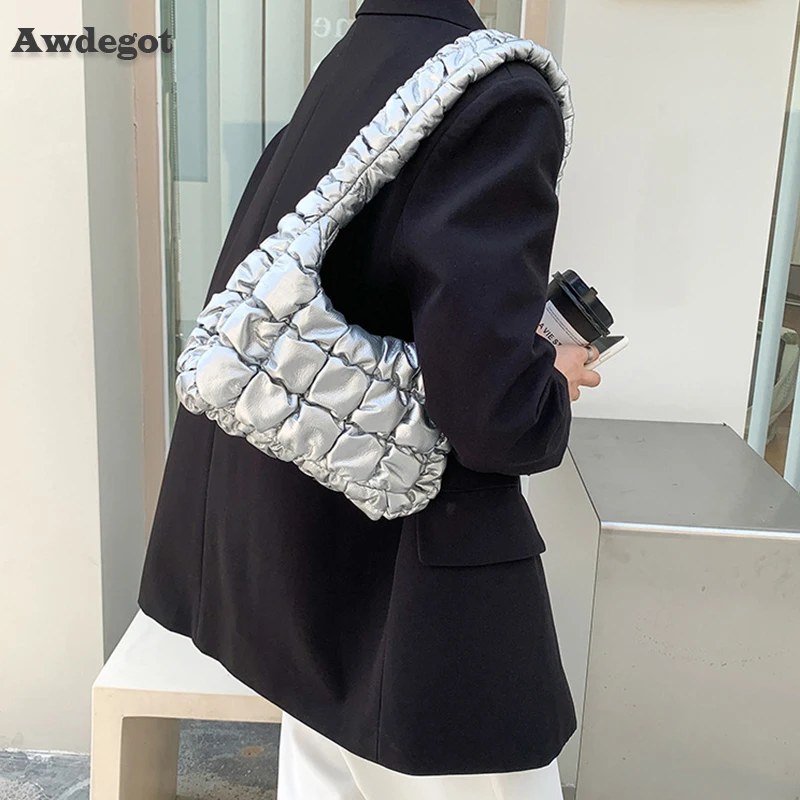 

Клетчатая Женская Сумка Хобо, объемный хлопковый саквояж, мягкая стеганая Женская сумочка-тоут на подмышках, серебристого и белого цвета, н...