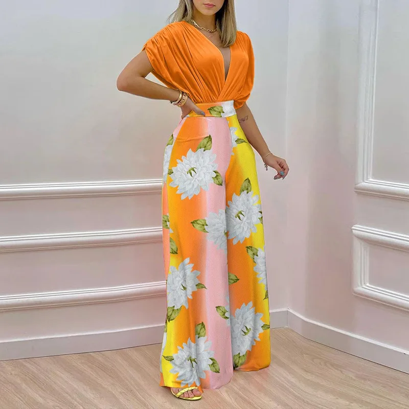 

Summer Women Casual 2 Peice Set Outfits Two Piece Set Women Fashion V-neck Batwing Sleeve Top Printed Wide-leg Pants Suit