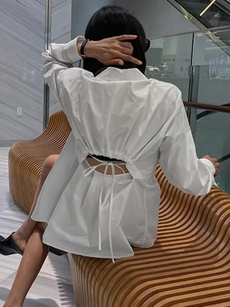 Женская блузка с вырезами на спине рубашка длинным рукавом и воротником