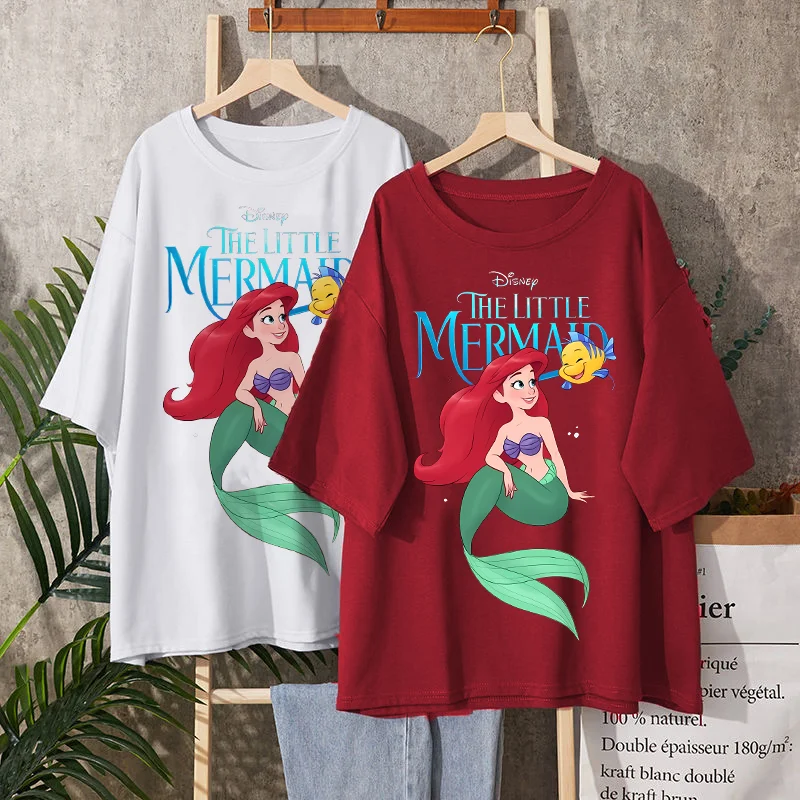 

Модная мультяшная футболка с коротким рукавом из мультфильма Диснея, Женская милая рубашка с рисунком маленькой Русалочки, кавайная рубашк...