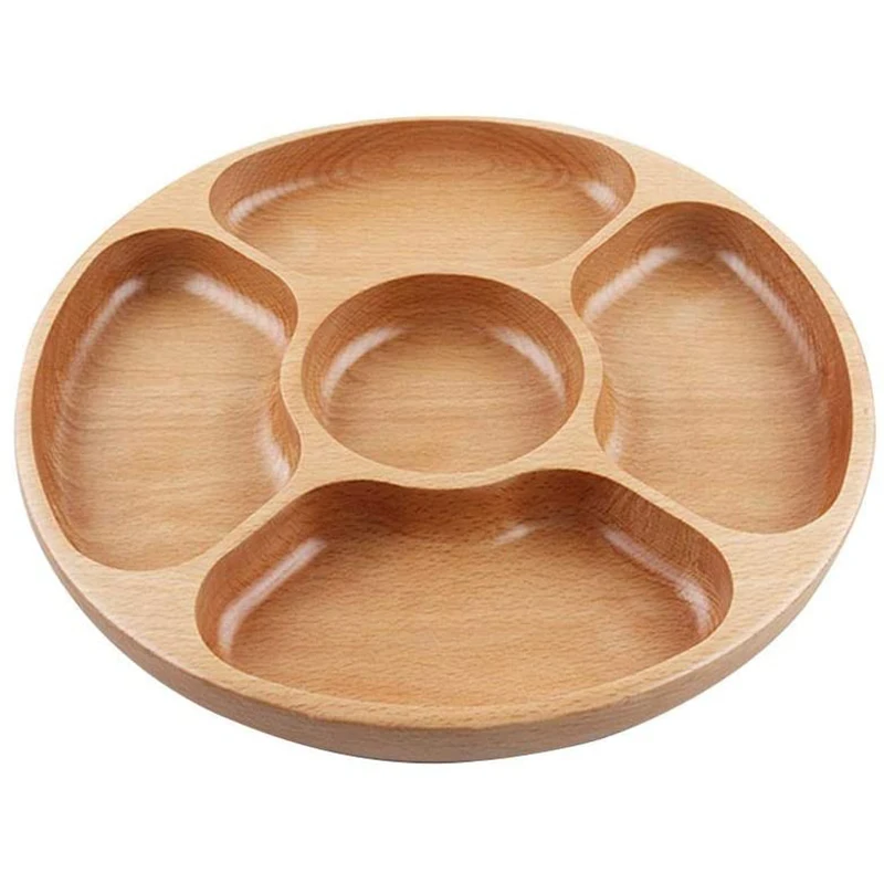 

Wood Appetizers Serving Dish,Household 5 Compartments Snack Dry Fruit Plate Candy Tray - Round Divided Snack Plate Tray