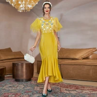 eid muslim long arabic dress abayas for women arabian party gown moroccan kaftan abaya dubai summer yellow short sleeve dresses