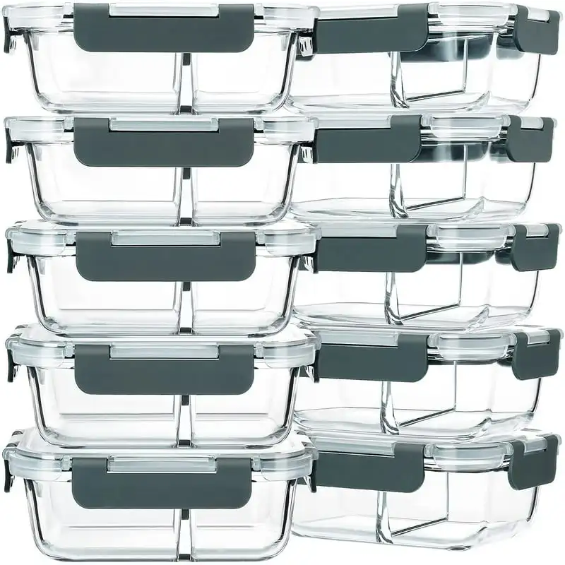 

Safe Lovely 10-Pack 22 Oz Airtight Glass Lunch Bento Boxes with Lids, BPA-Free Meal Prep Containers 2 Compartments, and Freezer
