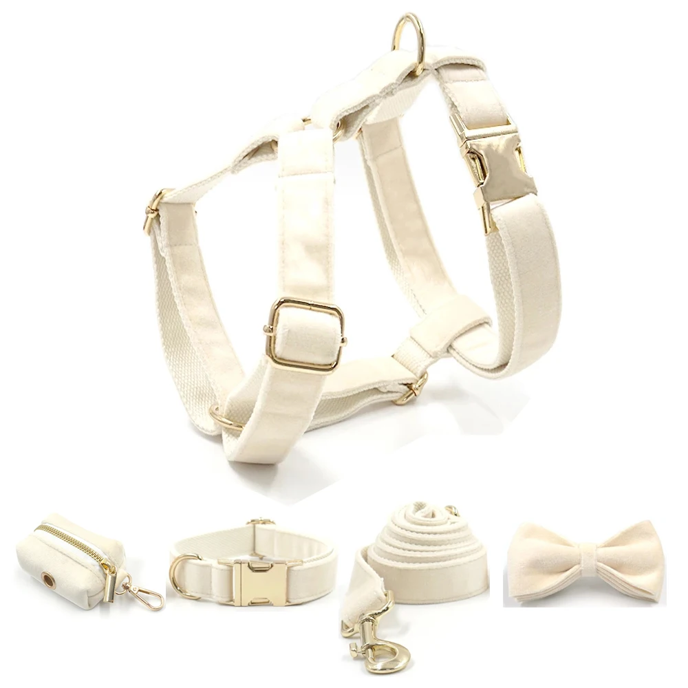 

Cream Velvet Pet Dog Harness Collar Leash Set Thicken Soft Adjustable Engraving Name ID for Small Medium Dogs Custom Dog Collar