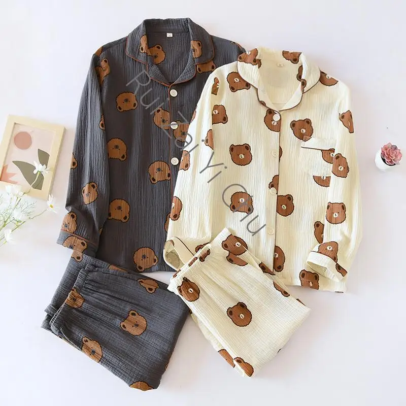 100% Cotton Yarn Couple Long Sleeve Pajamas Home Clothes Women and Men Thin Bear Print Sleepwear Two Piece Set Spring Pyjamas