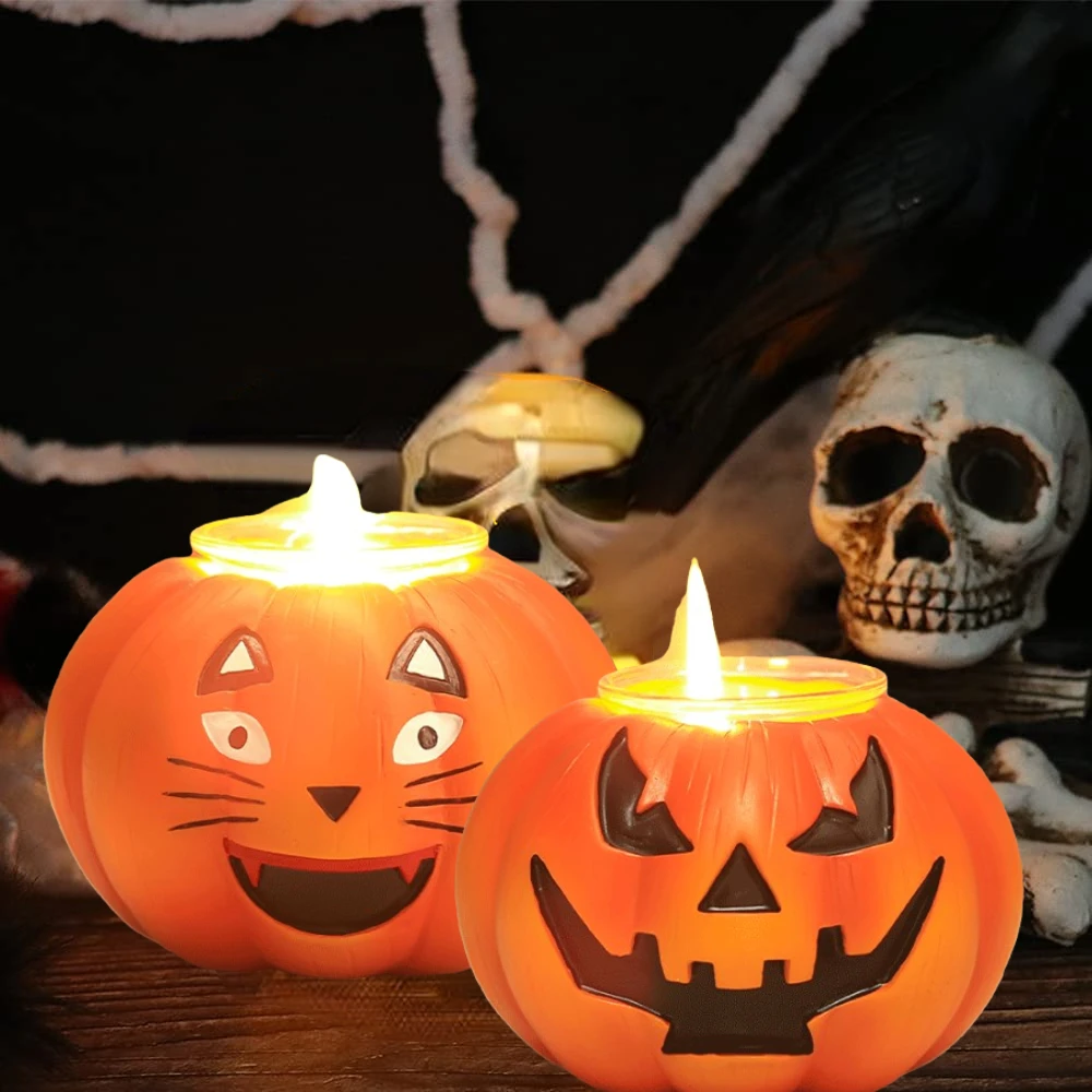 

Halloween Pumpkin Candle Ghost Face Candlestick Resin Tealight Holders Desktop Atmosphere Decor Bar Party Home Supplies Props