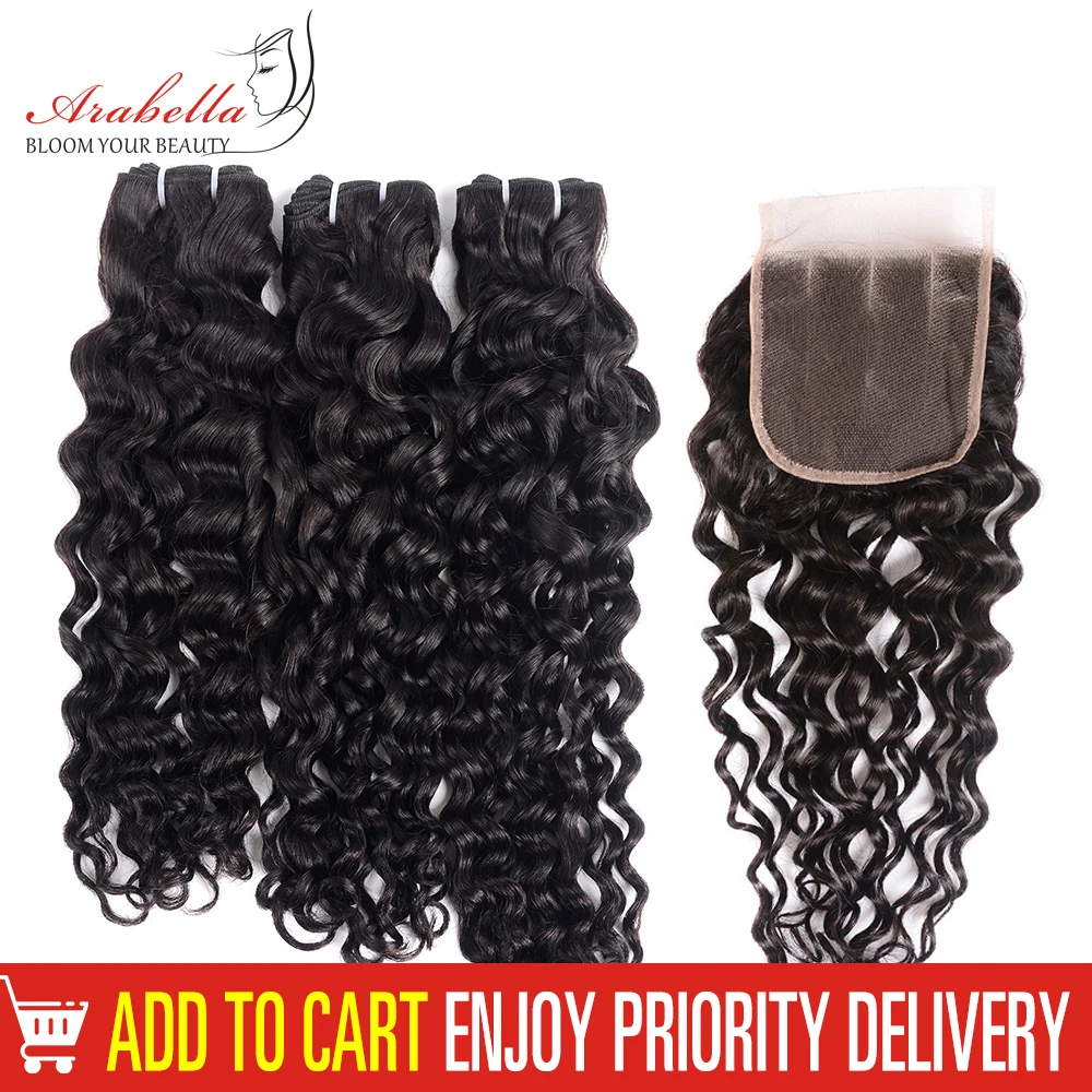 

Super Double Drawn Water Wave Hair Bundles With Transparent Lace Closure Pre Plucked Arabella Virgin Hair Weave Bundles