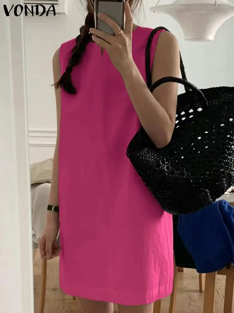 

Летний Мини Сарафан VONDA, Повседневное платье-рубашка 2023, женское пикантное свободное модное однотонное короткое платье без рукавов с круглым вырезом для женщин