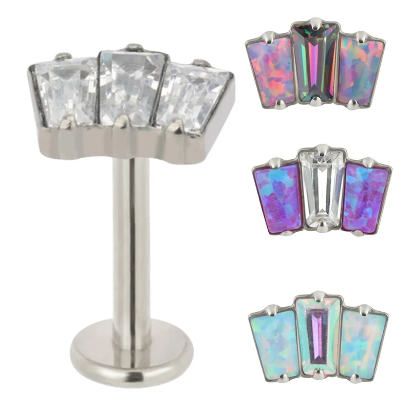 

ASTM F-136 Titanium Ear Studs PIERC 3 Rectangle Top Opal and zircon Labret Lip Stud Ear Cartilage Tragus Helix Piercing Jewelry