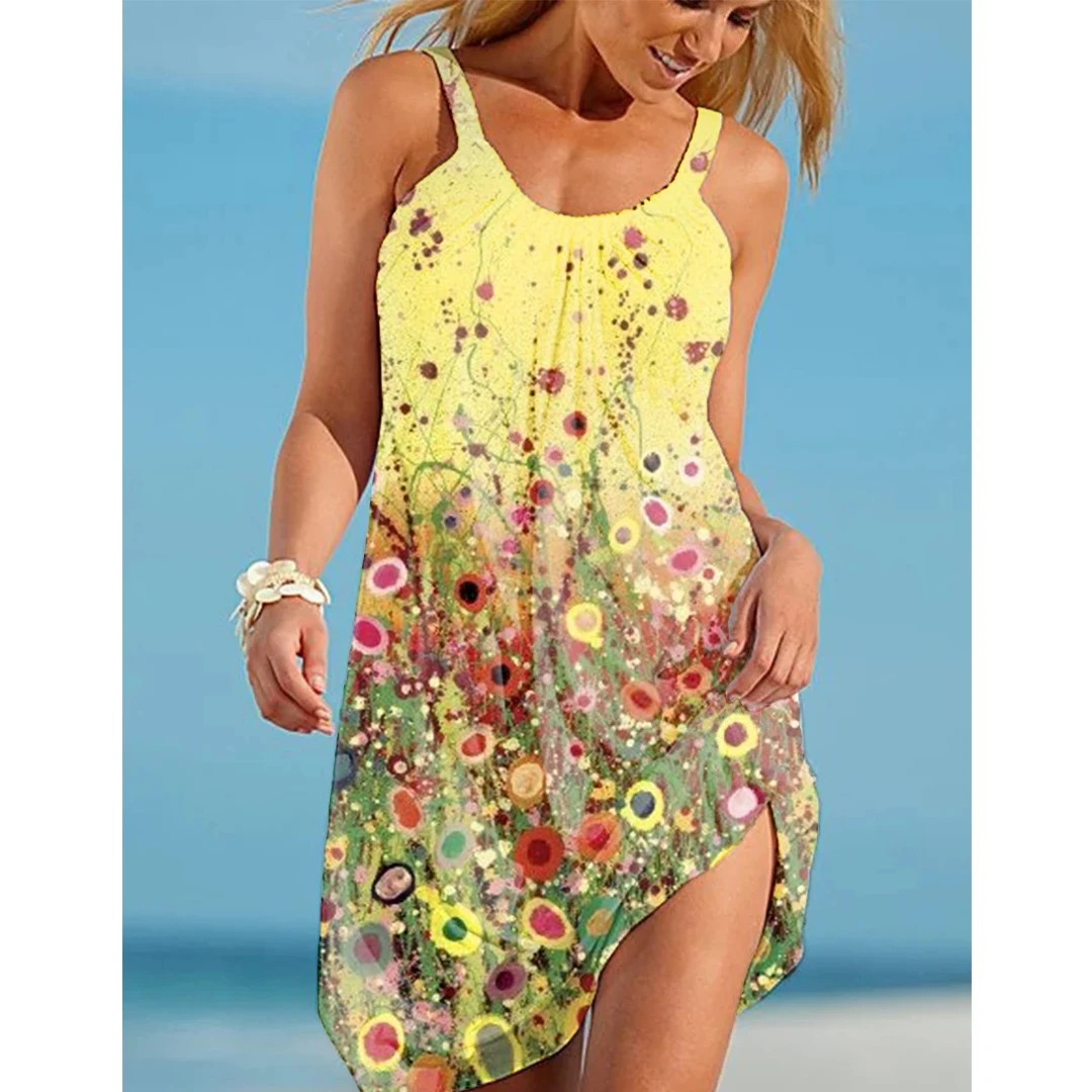 

Новое летнее платье с цветочным 3D принтом, пляжное платье для девочек, модное женское платье без рукавов на бретелях, сексуальное пляжное пл...