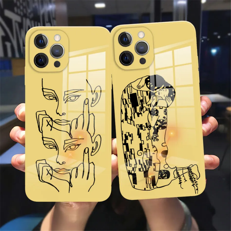 

Abstract Art Women Face Line Tempered Glass Phone Case For iPhone 11 12 13 Pro Max 12 13 Mini Luxury Yellow reflective case
