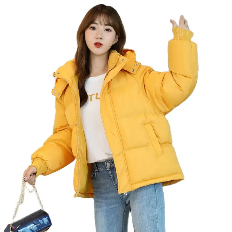 

2023 Winter Women Jacket Yellow Short Hooded Cotton Padded Female Coat Thicken Warm Outwear Loose Waterproof Women Parka Femme