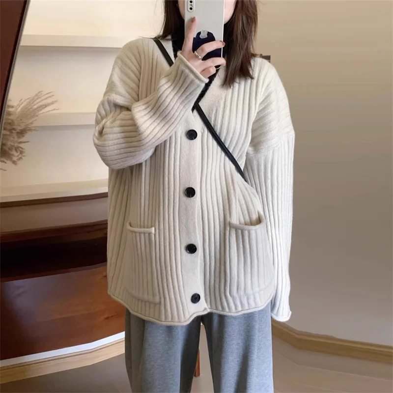 

Soft glutinous pit V-neck knit cardigan women autumn and winter new retro loose sweater coat women