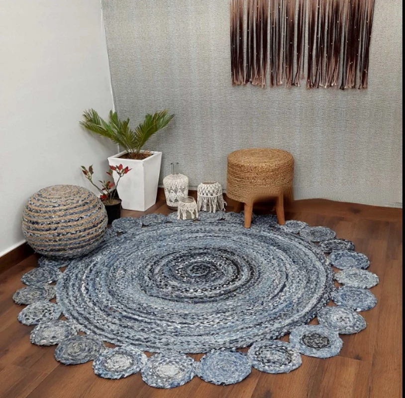 Rug Natural Denim Braided Style Round Area Carpet Living Modern Rustic Look Rugs Rugs for Bedroom Bedroom Decor