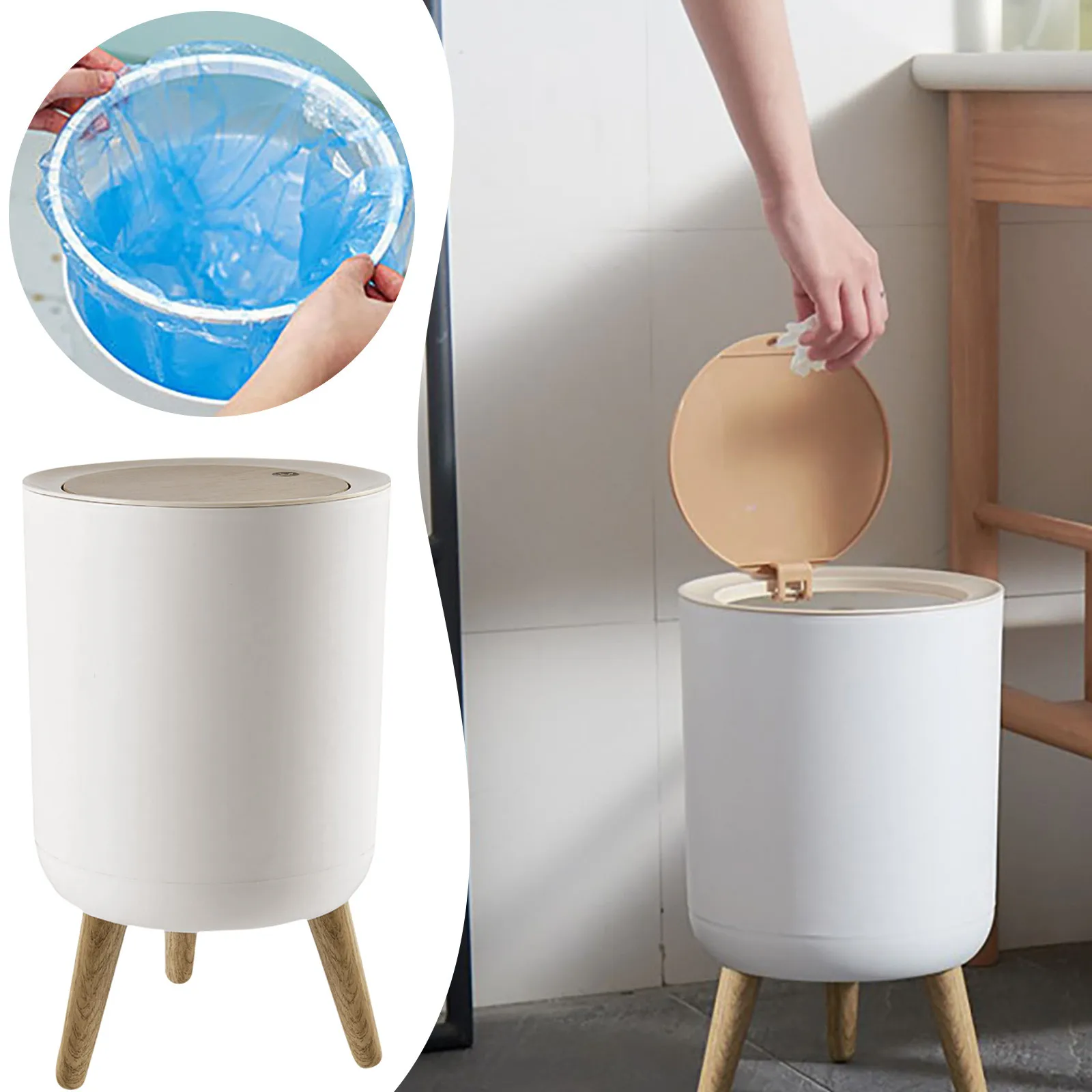 

Japanese Circular Trash Basket With Lid, Household Kitchen, Bedroom, Bathroom, Toilet, Creative Press High Foot Trash Can Tool
